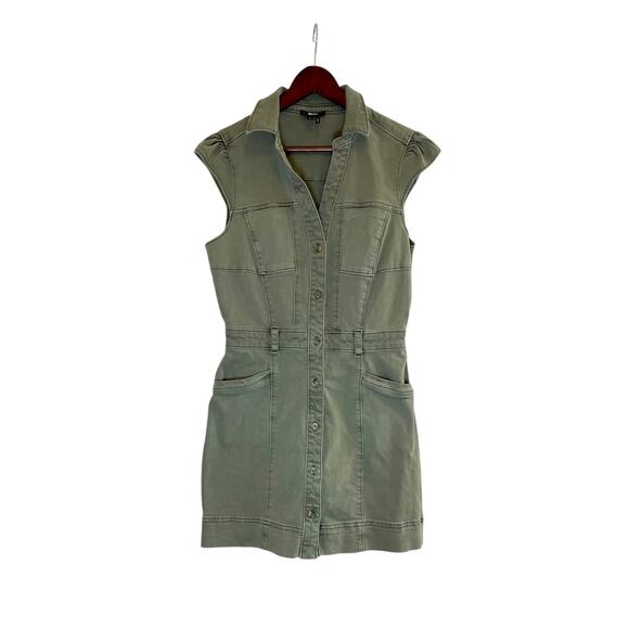 PAIGE Utility Button-Front Mini Dress Size 6 Olive Green Stretch Shirt Dress - Picture 1 of 8